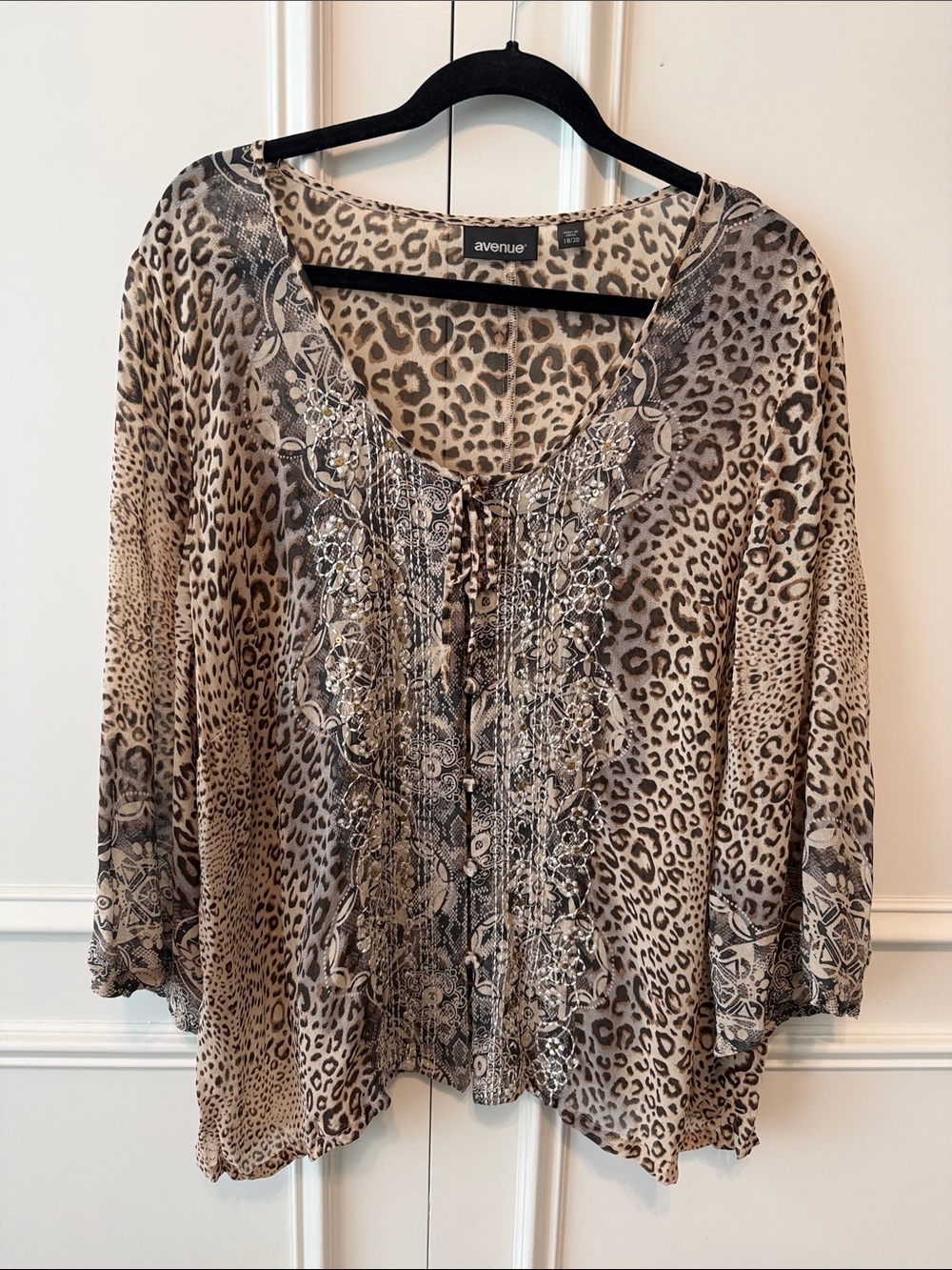 Avenue Beige and Brown Leopard-Print Embellished Peasant Blouse